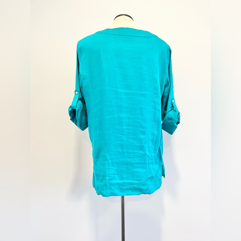 Ralph Lauren Turquoise Linen Blouse V neck Tunic Beach Resort wear Classic Prep - Picture 2 of 9